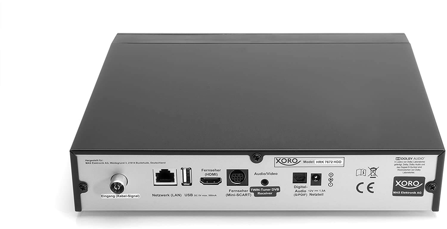 Xoro HRK 7672 HDD DVB-C HD Kabelreceiver (HDTV Twin Tuner, HDMI, USB PVR Ready, S/PDIF Opt., MiniSCART, ohne SATA Festplatte im FP-Schacht, 12V) schwarz, inkl. conecto® HDMI-Kabel