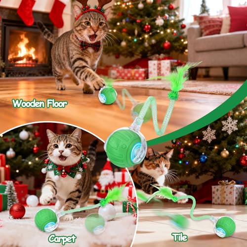 Image of Interactive Cat Toy Ball - Christmas Cat Toys for Indoor Cats with Feather Tails for Chasing, Moving Stimulation Smart Cat Toy for Enrichment, Motion Activated Automatic Rolling Toys to Keep Them Busy