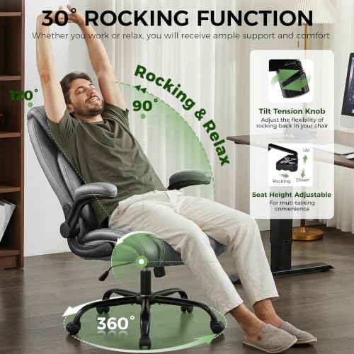 Image of Office Chair, Ergonomic Executive Desk Chair with Lumbar Support for Lower Back Pain Relief, Padded Flip-Up Armrests, Leather Home Office Chair, Gray