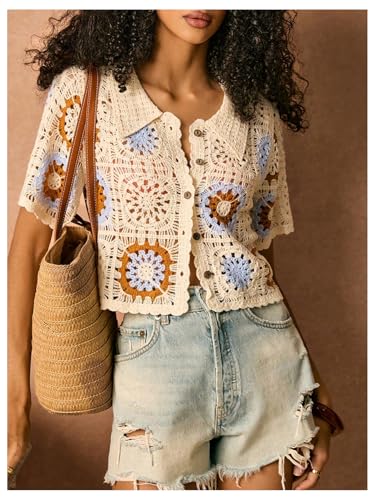 MakeMeChic Women's Crochet Sweater Vest Floral Scallop Trim Button Summer Boho Knit Tops2