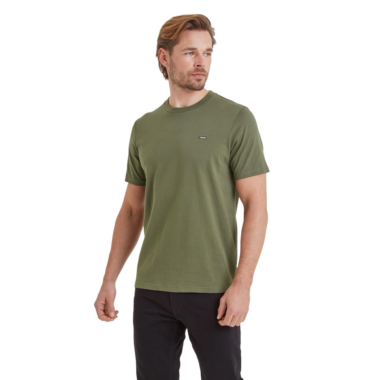 Tog24 Men's Forage Green Howard Casual T-Shirt, Supersoft Cotton, Rib Crew Neck, Embroidered Badge