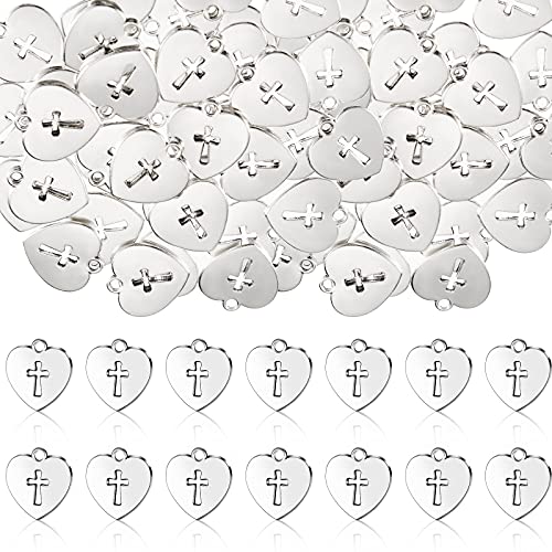 100 Pieces Silver Religious Charms Cross Charms Alloy Metal Heart Cross Pendants Heart Cross Charms for Religious Gatherings Party Supplies DIY Craft Bracelet Necklace Earrings Keychain Jewelry Making