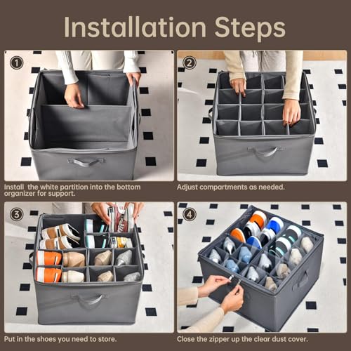 Image of INSTY 2 Pack Shoe Organizer for Closet,Fits up to 32 Pairs,Adjustable Dividers for Shoe Storage,Fabric Shoe Storage Bins with Clear Cover,Grey