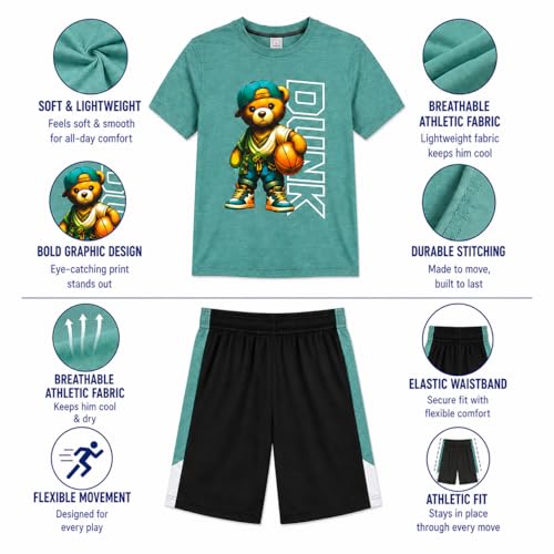 Image of Pro Athlete Boys Shorts Sets - 4 Piece Dry Fit Short Sleeve Crewneck Graphic Tee and Performance Shorts for Boys (Sizes 8-16)