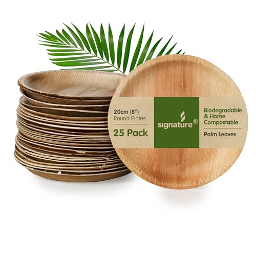 Signature Packaging - Disposable Palm Leaf Plates - Sturdy Medium Round Plates - 8”/20cm, 25 Pack Similar to Bamboo and Wood. Compostable and Biodegradable