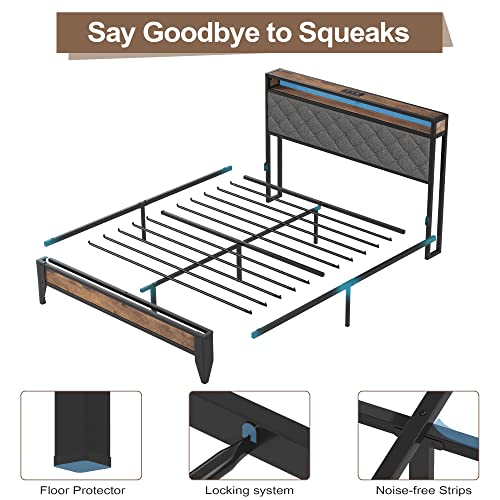Osfvolr Full Size Bed Frame With Charging Station And Led Light, Platform Bed Frame With 2 Tier Storage Upholstered Linen Headboard, Heavy Duty Metal Structure, 12 Inch Under Bed Storage, Noise Free #TOP7