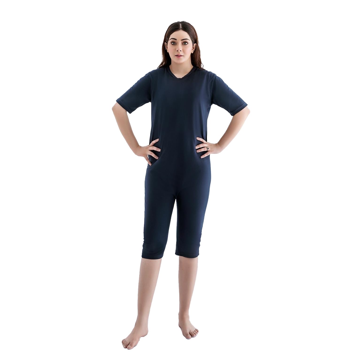 Comfort & Care Apparel Unisex Care Body Undershirt i majtki piżama, krótki rękaw, ciemnoniebieski garnitur z zamkiem błyskawicznym z tyłu, nietrzymanie moczu dla seniorów i demencji