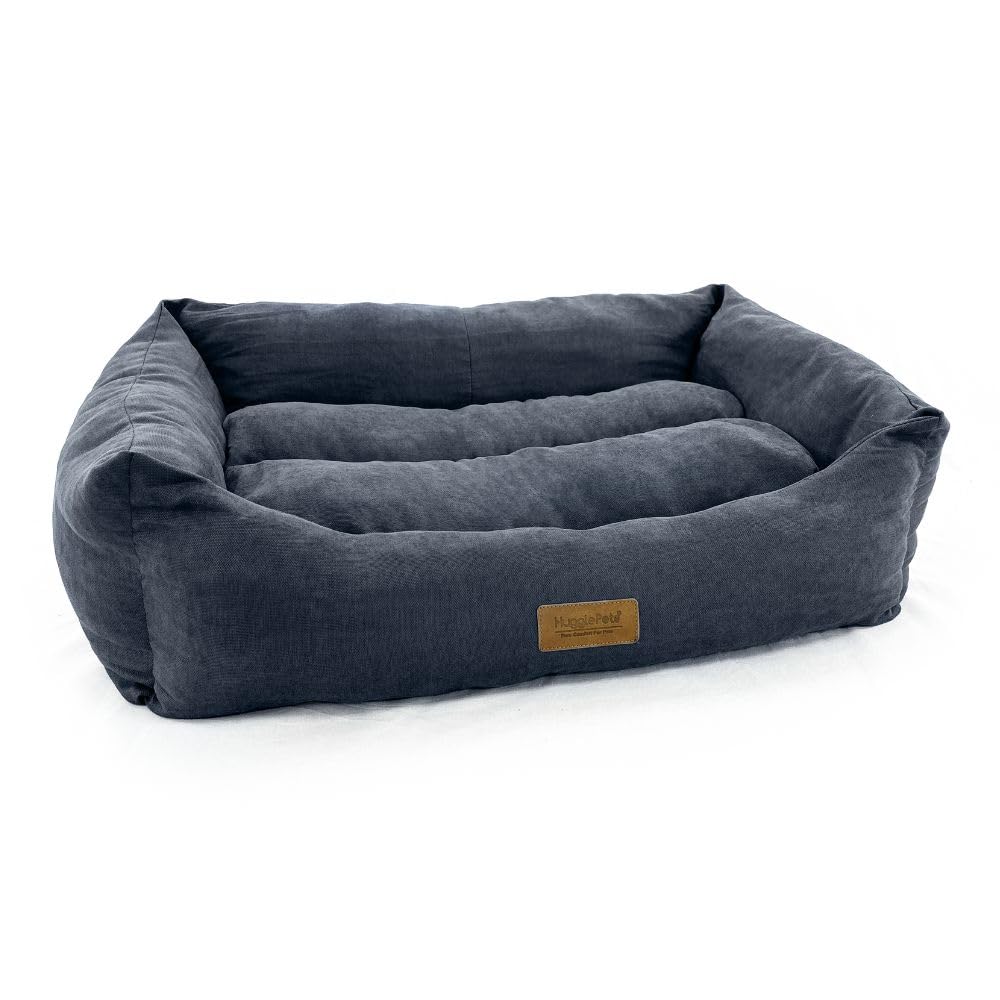 HugglePets Luxury Dog Lounger Bed | Charcoal Grey | Soft Comfort Rectangular Pet Sofa | Premium Plush Machine Washable Cushion with Raised Sides for Comfort | for All Dog Breeds | Large (95 x 75cm)