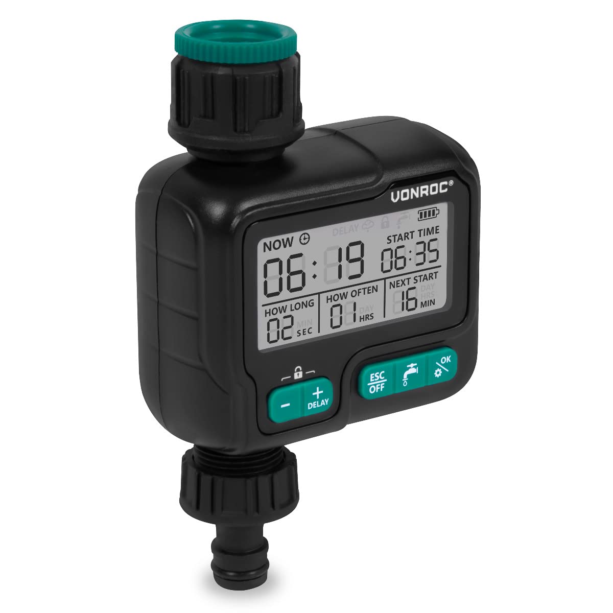 VONROC Minuteur d'Arrosage Numérique - Programmable de 1 Heure à 15 Jours - Arrosage Automatique Entre 1 Sec à 99 Min - Automatisez Votre Arrosage en Toute Simplicité
