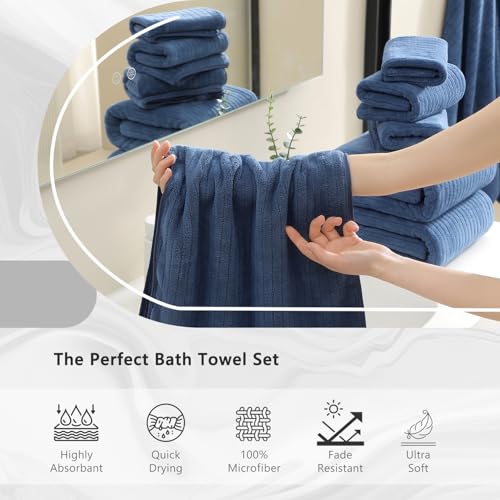 18 Piece Bath Towels Set,Soft Family Bathroom Towel Set with Hanging Loops-6 Bath Towels,6 Hand Towels,6 Washcloths,Highly Absorbent Quick Dry Shower Towel for Bathroom,Hotel,Spa-Navy Blue Towel Set by Jessy Home - Used condition - Image 4
