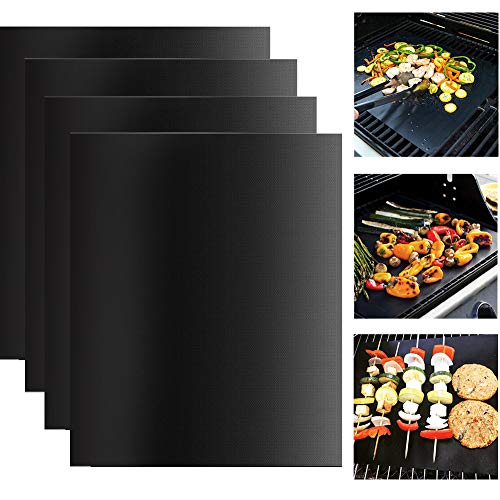 ODSPTER BBQ Grillmatten, 4er Set BBQ Grillen Matte BBQ Grill Pads BBQ Backen Grillen Mat Backen Backmatte für Elektrogrill, Kohle, Gas (Schwarz)