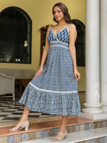 Image of SAVI Women's Cotton Printed Midi Dress | Sleeveless V-Neck A-Line Flared Kurti Style Long Dress | Casual Summer Ethnic Wear for Women