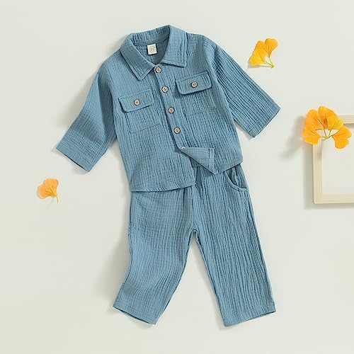 Image of VISGOGO Toddler Boy Linen Outfit Baby Boy Fall Winter Clothes Set Button-Down Shirt Tops Cotton Linen Pants 2PCS