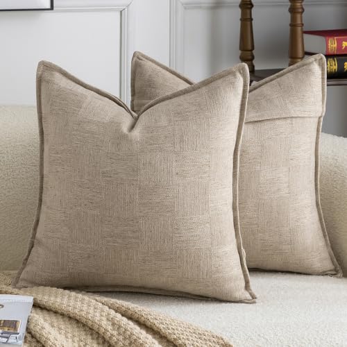 Image of Madizz Pack of 2 Decorative Cushion Covers 50x50 CM Taupe Soft Linen Blend Throw Pillows Solid Textured Pillow Covers for Couch Sofa Bedroom Living Room