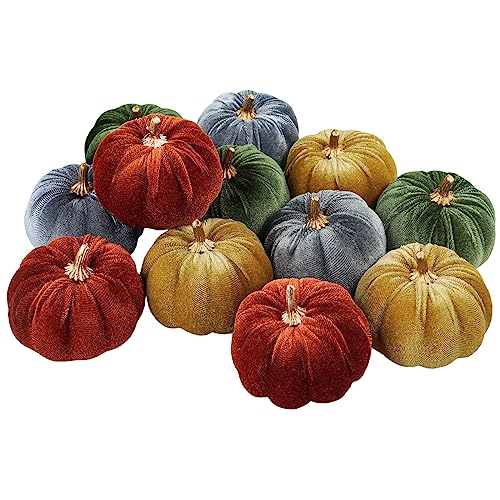 Image of Winlyn 12 Pcs Assorted Small Faux Harvest Velvet Pumpkins Decorative Rust Olive Gold Gray Fabric Foam Pumpkins 3 inch for Fall Wedding Thanksgiving Halloween Table Centerpiece Farmhouse Decor