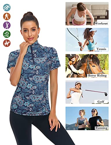 Luranee V Neck T Shirts For Women,Spf Tennis Shirts Hiking Pullover Quarter Zip Running Tops Raglan Sleeve Loose Fitting Athletic Shirt Exercise Track Jackets Hiking Tshirts Paisley Dack Blue M #TOP4