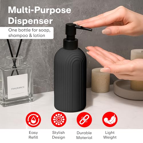 Image of Rioware Ceramic Soap Dispenser Hand Wash Bottles for Basin | Multipurpose Refillable for Liquid Shampoo, Kitchen, Bathroom, and Household Use | 300Ml, Pack of 1 - Solid Black