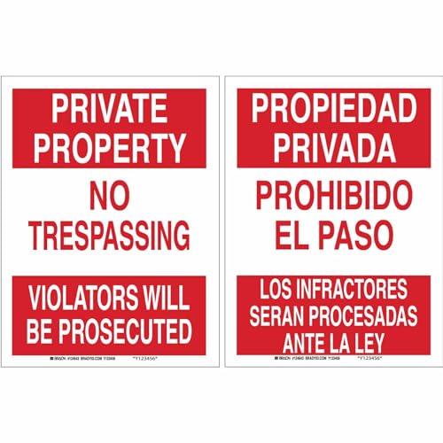 Panneau bilingue Brady 124645 Private Property No Trespassing blanc et rouge