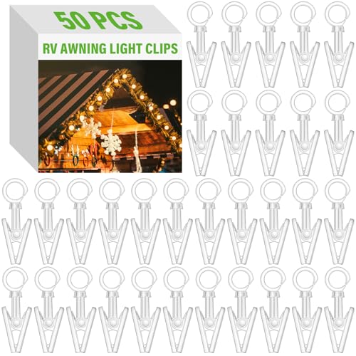 Beeveer 50 Pack Curtain Hooks with Clips RV Camper Awning Lights Clips 360 Trailer Stainless Steel Ring with Hangers for Camper Awning String Lights Photos Display Banner Party Decor(Clear)