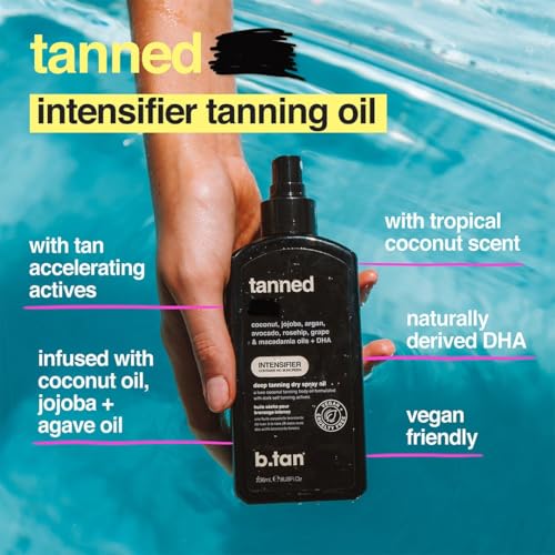 btan best tanning oil  get tanned intensifier dry spray - fast dark outdoor sun tan from tan accelerating actives packed with moisturizing oils no spf austrailian brand 8 fl oz