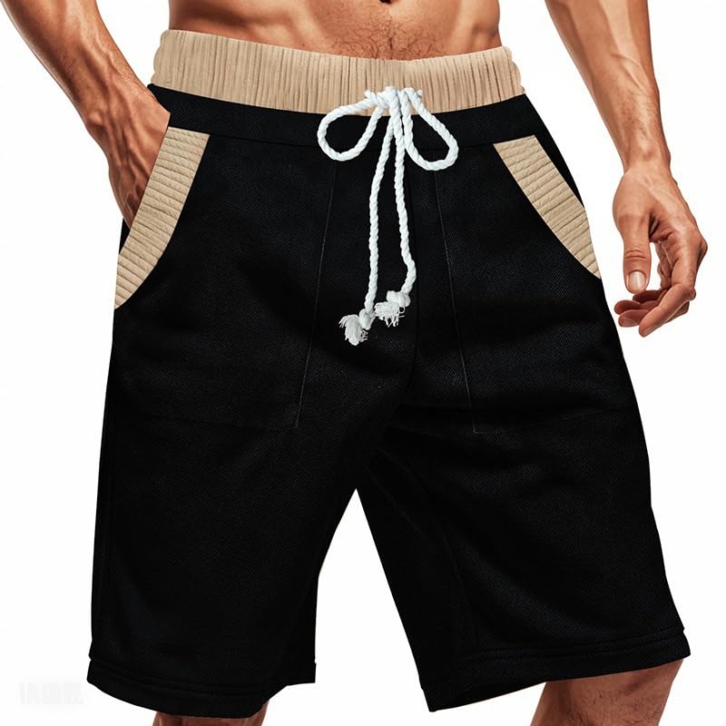 Summer Mens Casual Shorts Color Block Elastic Waist Drawstring Bermuda Shorts Hawaiian Beach Pants with Pockets