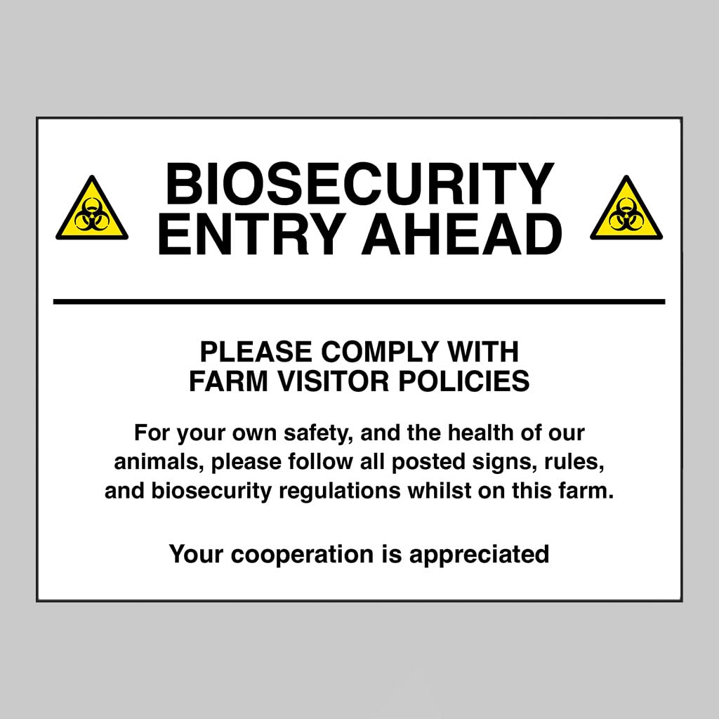 Biosecurity entry ahead Please comply with farm visitor policies Size: (600x450mm) Semi Rigid PVC Safety Sign by Caledonia Signs