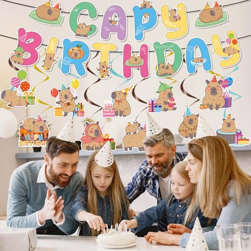 Image of Capybara Birthday Party Banners Hanging Swirls Decorations 12PCS | Capybara Party Banners 12pcs, Glitter Swirls Decor, Cardstock Pieces, Cute Capybara Theme, Birthday Party Decor for Kids