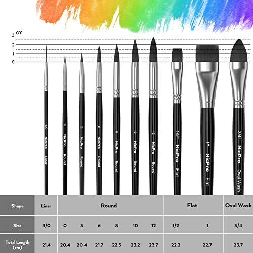 Nicpro 10 Pcs Professional Watercolor Paint Brush Set, Artist Soft Synthetic Fine Squirrel Paint Brushes - Round Tip, Flats, Dagger, Oval Wash For Adult Detail, Water Color, Gouache - Come With Holder #TOP3