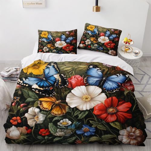 Mariposas Y Flores Funda Nordica Cama 180/150 Juvenil,Fundas para Edredón 220x240 con Cremallera,con Funda De Almohada,3D Microfibra Juego De Ropa De Cama para Niños,B25