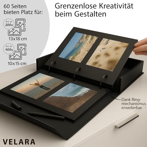 Velara Fotobuch zum Selbstgestalten mit 120 Fotoecken & 60 schwarzen Seiten | Photo Album mit Leinen | Erinnerungsbuch | Fotoalbum | Gästebuch | Coffee Table Book | Scrapbook | Zeitreise | 24x32cm