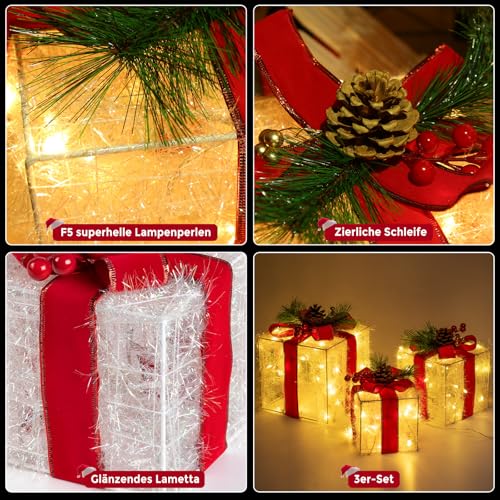 ELKTRY 3er Set LED Weihnachtsdeko innen, Geschenkboxen mit Schleife außen – Ansicht 7