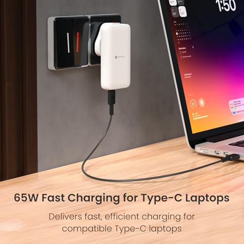 Image of Portronics 65W Adapto 65U Ultra Slim Dual Port Fast Charging Adaptor With Swappable Heads, Type C PD Output, International Travel Fast Charging Adapter, Suitable for 180+ Countries US,UK,EU,AUS(White)