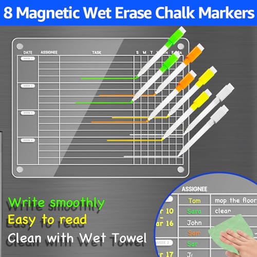 Image of PigPotParty Acrylic Magnetic Monthly Chore Chart for Multiple Kids Roommates - 12 inchx9.5 inch Rotating Weekly Task Board for Kids Students Families, Clear Dry Erase Fridge Chart, w / 8 Markers & 1 Towel