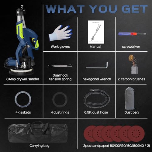Drywall Sander, 2025 Upgraded 8-Amp Popcorn Ceiling Removal Tool with 7 Variable Speed 800-1800RPM, Drywall Sander with Vacuum Dust Collector with Extendable Handle, LED Light,12pcs Sanding Discs,Blue by IMQUALI - Image 9