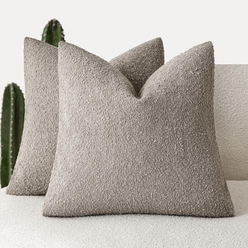 Image of Foindtower Set of 2, Decorative Textured Boucle Throw Pillow Covers Accent Solid Pillow Cases Neutral Soft Cozy Couch Cushion Case for Chair Sofa Bedroom Living Room Home Decor 24x24 Inch Light Taupe