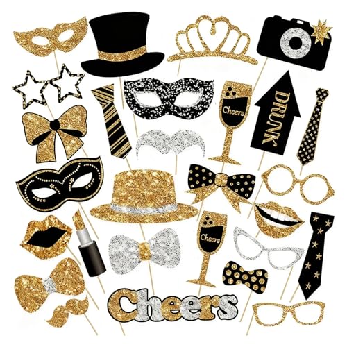 30pcs Black and Gold Photo Booth Props Kit Photo Booth Props Black and Gold Party Decorations Fun Party Accessories with Moustaches Lipsticks Ties and Glasses For Birthday Wedding Celebrations