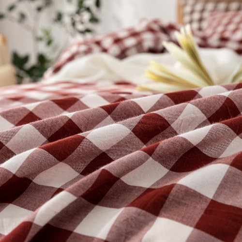 Image of BESTOUCH Gingham Cotton Duvet Cover Set Fired Brick Red Full | Washed Cotton, Linen Feel, Soft Wrinkle Texture, Hidden Zipper, 8 Ties, Breathable Lightweight Durable Comfy, 3 Pcs No Insert
