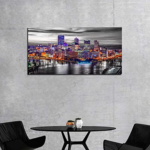 Pittsburgh Skyline Wall Art For Living Room Pennsylvania Cityscape Pictures Decor Black And White Canvas Prints City Night Skyscraper Panorama Poster Modern Home Office Artwork Decorations 20X40” #TOP2