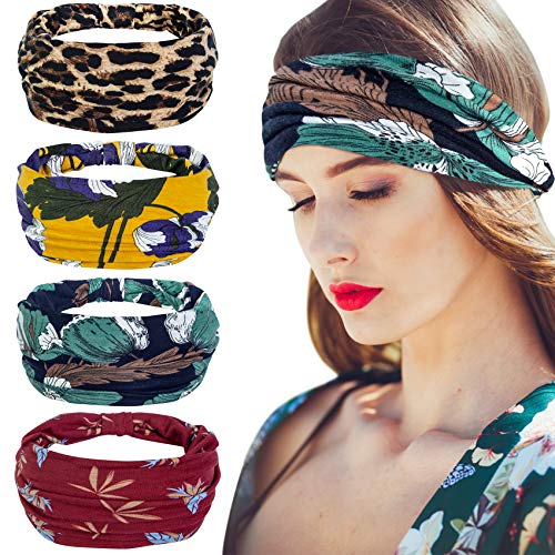 Nakerfop Wide Headbands for Women, Elastic Head Bandana Hairbands Non Slip Print Knot Headwraps for Sports, Yoga, Running, Cycling(Green)