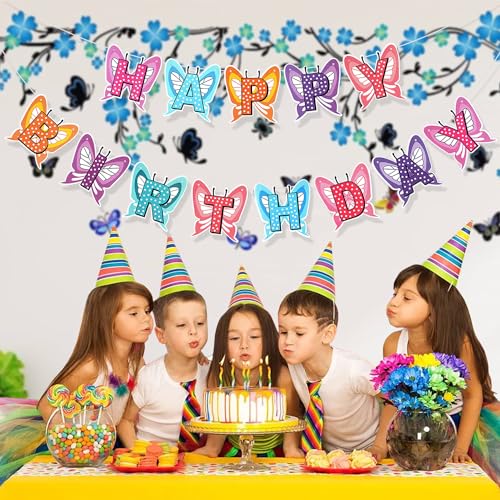 Image of Rozi Decoration Butterfly Theme Happy Birthday Hanging Banner Decoration Items for 1st Birthday Baby Girl, Happy Birthday Banner Butterfly Theme Party Decor Pack of 1 Pcs