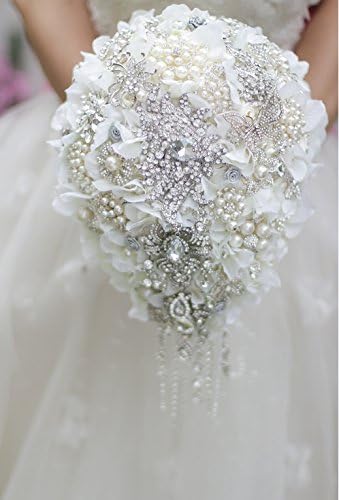White Hydrangea Drop Brooch Bouquet Silver Wedding Bouquets Crystal Teardrop Bridal Bouquet Pearl Tassels Decor - Image 2