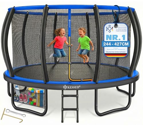 KESSER® Trampolín exterior Ø 244/305/366/427 cm, certificado GS, cama elástica de jardín para niños y adultos < 150 kg con red de seguridad, incluye bolsa, escalera, cubierta de borde y barras de red