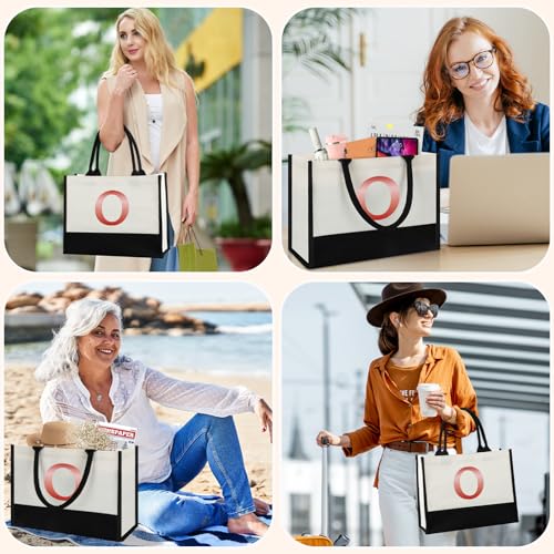 Image of Monogrammed Initial Canvas Tote Bag Gifts for Women, Unique Beach Work Bag Gift for Birthday, Wedding, Christmas, Anniversary, Cool Personalized Gifts for Mom, Teachers, Friends, Bridesmaids- Letter O
