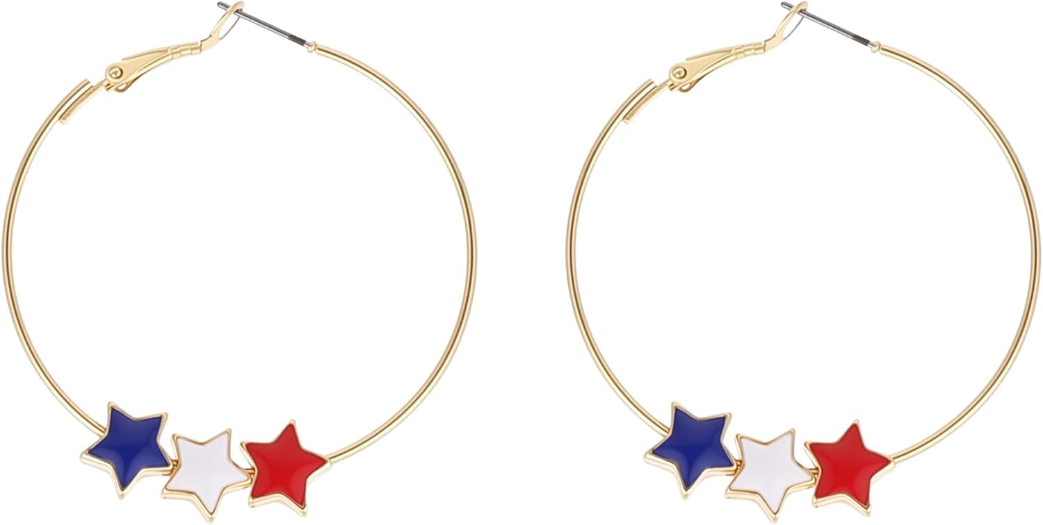 Hoop Earrings for Women 4th of July, Red White Blue Enamel Star Charms Gold-Tone Hoops, Patriotic Statement Jewelry Independence Day Gift