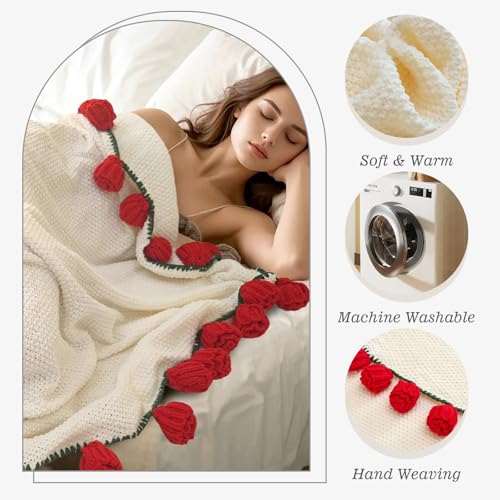 Image of Flower Bouquet Blanket, Birthday Gifts for Mom Teacher Women Grandkids Wife Girlfriend Her, Crochet Flower Blanket, Soft Knitted Throw Blankets for Teacher Appreciation Housewarming Gifts (Red Roses)