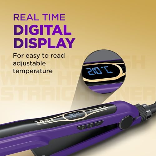 Image of Havells Wide Hair Straightener|KeraNourish| 5 Adjustable Temperature Settings| Digital Display|For All Hair Types|Worldwide Voltage|HS4222