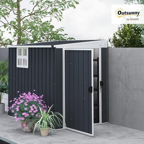 Outsunny 4 x 6ft Outdoor Garden Storage Shed, Metal Shed with Window, 2 Vents and Lockable Door for Garden, Patio, Dark Grey