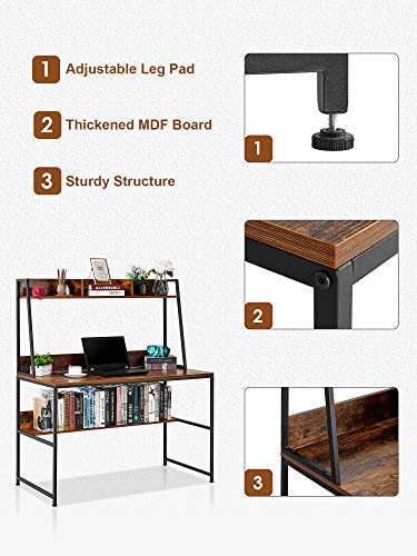 Kealive 47.2 inch Computer Desk with Hutch and Shelf, Writing Study Table with Bookshelf, Modern Home Office Desk for Small Space, PC Laptop Table Workstation Steel Frame & Wood Desk, Vintage Brown