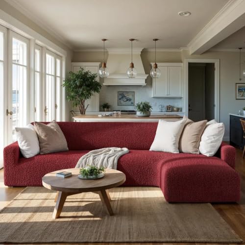 Image of Bellissima Sofa Covers - Premium Luxury Microfibra Plain Stretchable Sofa Cover Fully Covered Slipcover, Imported from Italy (Bordeaux, L Shape Right-UN)