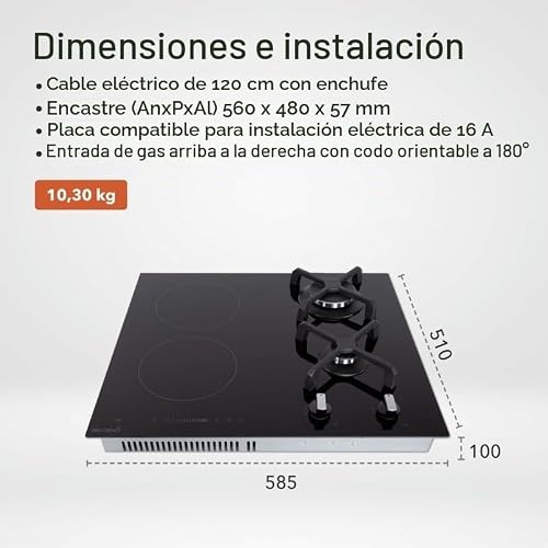 Miniatura 7 de Placa De Cocción Mixta De Gas E Inducción 4 Fogones 2 Gas Y 2 Inducción Con Refuerzo 6900 Vatios Rejillas De Hierro Fundido